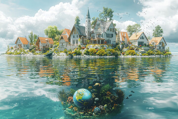 Poster - a small coastal village installing seawalls to combat rising sea levels, with a globe faintly reflec