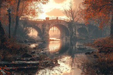 A sleek, modern bridge crosses a river, while an old, crumbling bridge lies abandoned in the background.