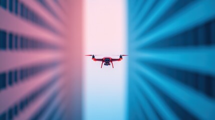 Poster - A drone inspecting a futuristic building, showcasing the integration of technology with architecture.