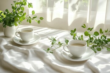 Two white cups of coffee with green plants and sunlight on a soft fabric.