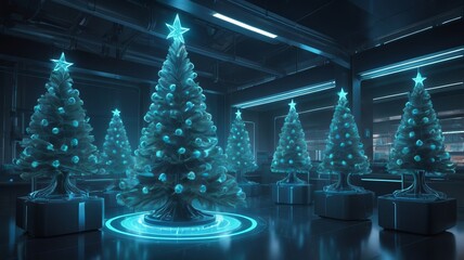 Wall Mural - Futuristic christmas trees lighting up a room