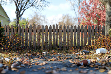 Wall Mural - A perfectly manicured lawn is separated by a fence from a yard filled with dead grass and discarded trash.