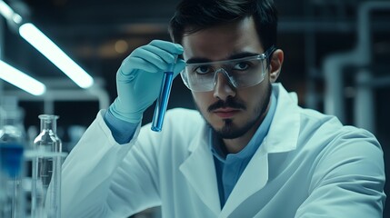 Poster - A Scientist in a Lab Coat Holding a Test Tube with Blue Liquid