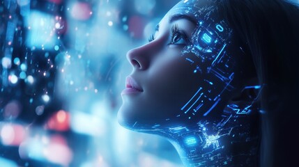 Artificial intelligence concept featuring a digital woman looking up with futuristic elements in background