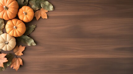 Wall Mural - A wooden background with a bunch of pumpkins and leaves