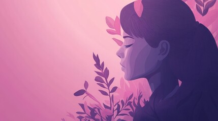 Canvas Print - A serene illustration of a woman in profile, surrounded by abstract foliage and soft colors.