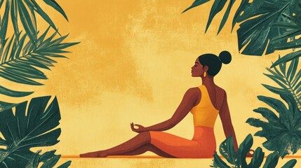 Sticker - A serene illustration of a woman meditating amidst tropical leaves on a warm background.