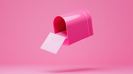 Pink mailbox with an open letter floating in a playful composition representing newsletter concept