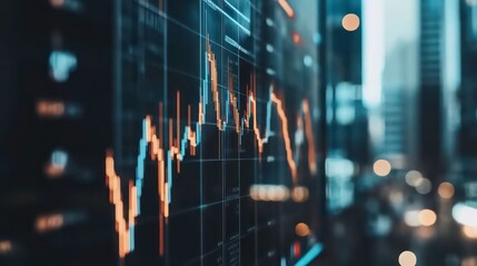 Poster - Close-up of a stock market graph on a screen with a blurred city skyline in the background.