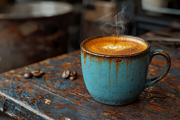 Wall Mural - A fresh, steaming cup of coffee on a cafe table contrasts with a dirty, discarded coffee cup in a trash bin.