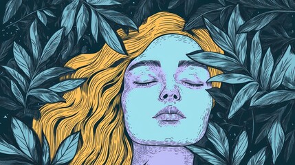 Canvas Print - A serene illustration of a woman with closed eyes, surrounded by lush leaves.