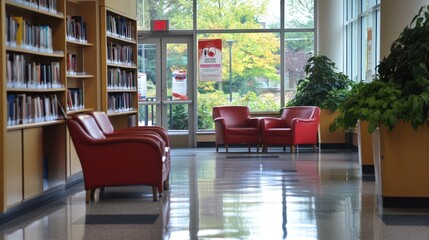 Poster - A serene library interior featuring red chairs and bookshelves, inviting for reading and study.