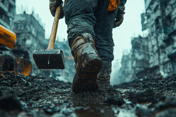 Poster - a construction worker with a hammer far too big for their hands, trying to nail a comically small na