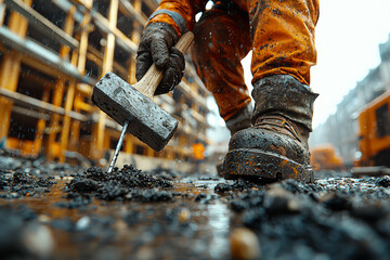 Poster - a construction worker with a hammer far too big for their hands, trying to nail a comically small na