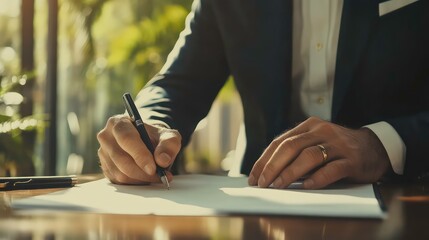 Aufkleber - Close up of a man's hand writing on a piece of paper with a pen.