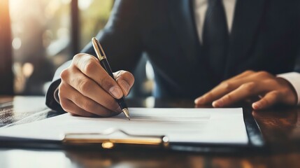 Aufkleber - Close-up of a hand signing a document with a pen.