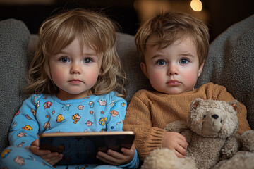 Poster - A child playing with a new tablet sits beside another child holding a broken, outdated toy.