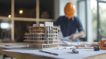 Poster - A model of a modern building with scaffolding sits on a table with blueprints and tools, with a blurred figure of an architect wearing a hard hat in the background.