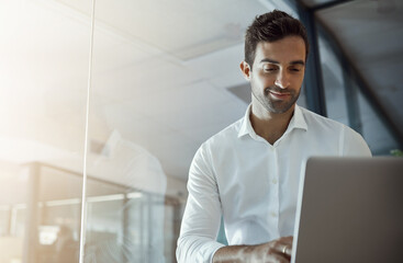 Poster - Business, man and typing with laptop in office for finance planning, budget report and proposal email. Smile, male accountant and digital with payment schedule, review feedback and investment growth