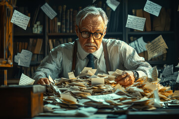 Wall Mural - A CEO sitting at a desk with an overflowing inbox, literally buried under piles of unread emails, while their assistant brings in more.