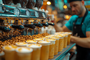 Poster - a barista with an absurdly long line of coffee orders, attempting to carry 20 cups at once while mor