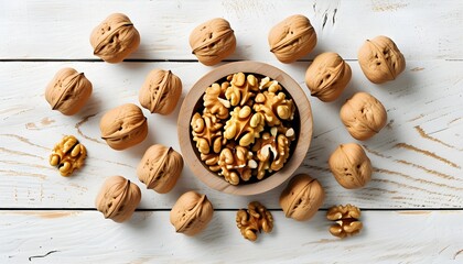 Rustic wood backdrop showcasing walnuts in shell, emphasizing healthy eating and natural textures