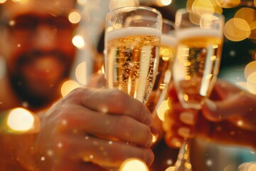 A joyful gathering of friends enjoys a festive New Year's Eve surrounded by shimmering Bengal lights while toasting with elegant rose champagne, sharing laughter and love.