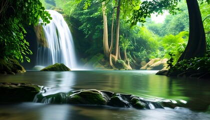 Wall Mural - Tranquil Waterfall Cascading Through Verdant Forest Landscape