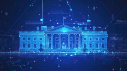 Leinwandbilder - Digital rendering of the White House with a blue neon glow, surrounded by glowing lines and dots on a dark blue background.