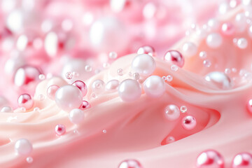 Poster - Delicate swirls of pink and white create an abstract background, adorned with glossy pearls and bubbles that float elegantly across the surface, adding depth and texture