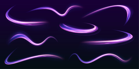 Fototapete - Set of neon lines blurred in motion on a race track. Acceleration speed motion on night road. High speed effect motion blur night lights blue and red. 