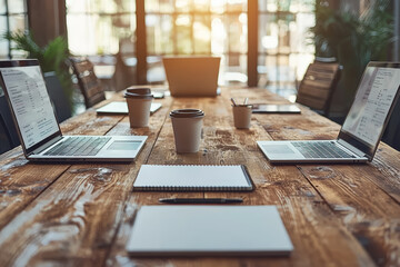 Poster - a team of professionals sitting around a minimalist conference table, with laptops and notebooks ope