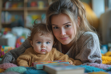 Poster - A mother playing with her toddler in a colorful playroom, surrounded by toys and books.