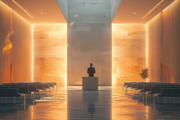 Canvas Print - A man standing at a minimalist podium, delivering a speech to an unseen audience in a sleek, modern space.