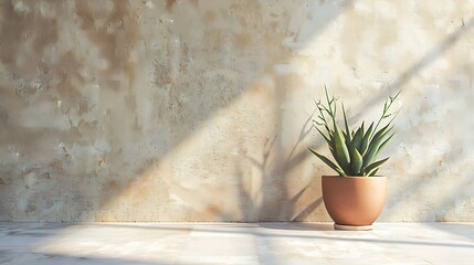 Green plant in orange pot on grunge wall background