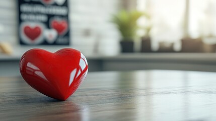 Canvas Print - A shiny red heart sits on a wooden table, symbolizing love and affection in a cozy setting.