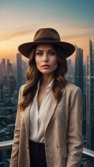 Young Caucasian woman with long brown hair wearing beige coat and wide-brimmed hat, standing in front of cityscape with tall buildings in background