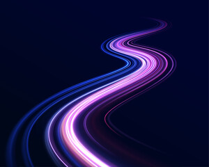 Poster - Lines in the shape of a comet against a dark background. Vortex streams of neon light. Glitter sparkle star trail, light effect, abstract waves flow vector illustration. 