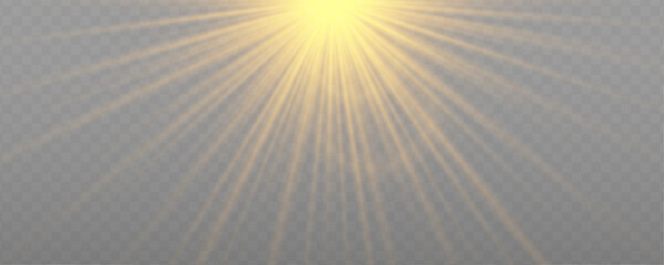 Fototapete - Realistic yellow glowing light explodes on transparent background. Sunlight with gold rays. Blur in the light of radiance. Sparkle sun rays. Sunbeams special lens flare. Golden star. Vector	