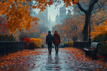 Wall Mural - A couple walking hand in hand through a city park in the fall, with colorful leaves falling around them.