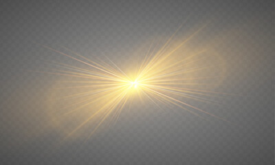 Fototapete - Realistic yellow glowing light explodes on transparent background. Sunlight with gold rays. Blur in the light of radiance. Sparkle sun rays. Sunbeams special lens flare. Golden star. Vector	