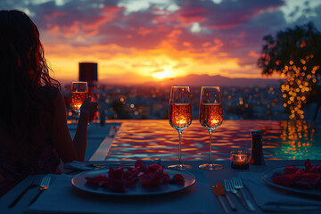 Wall Mural - A couple enjoying a sunset dinner on a rooftop terrace, with wine glasses raised in a toast.