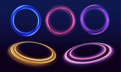 Aufkleber - Set of neon blurry light circles at motion. Space tunnel. Light everyday glowing effect. Abstract neon color glowing lines background.	