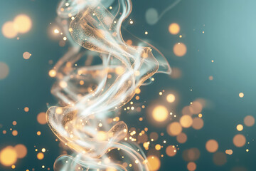 Poster - Delicate swirls of translucent smoke intertwine elegantly in the air, illuminated by shimmering golden particles against a soft blue backdrop, enhancing the enchanting vibe