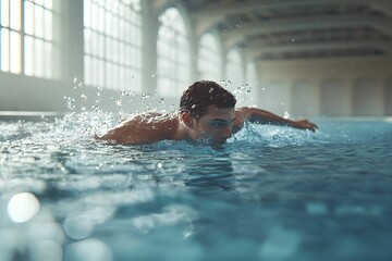 Swimmer practicing freestyle stroke in indoor pool during morning