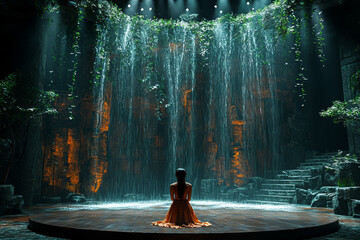 Wall Mural - An avatar performing in a virtual theater production, with digital scenery and special effects enhancing the performance. Concept of VR theater.