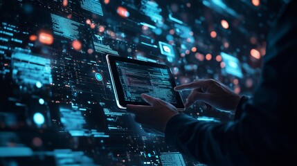 Poster - a person uses a tablet to analyze data amidst a digital interface in a modern technology workspace d