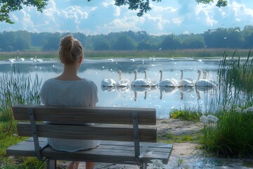 Wall Mural - Peaceful afternoon by the lake with swans and a contemplative woman