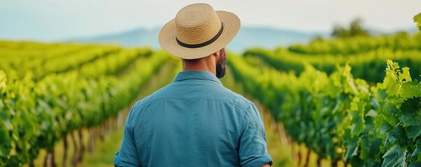 creative shot of a guide man leading a vineyard tour, explaining the winemaking process to visitors,
