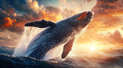 Wall Mural - a humpback whale leaps out of the water at sunset, its body silhouetted against a fiery sky.
